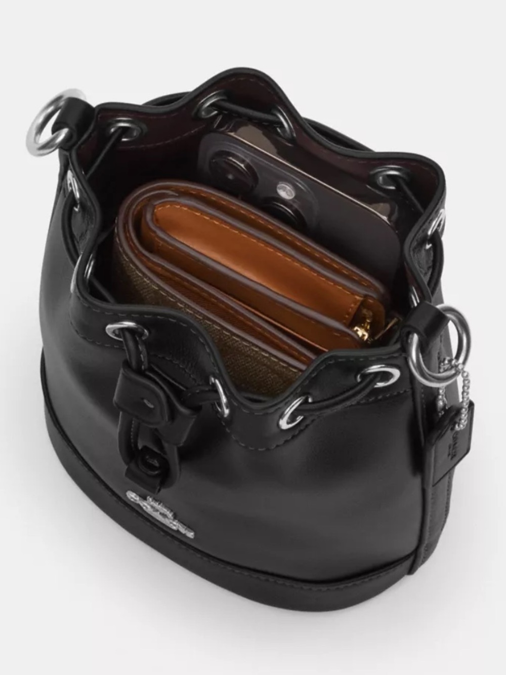 Coach Mini top handle Bucket Bag Black Calf Leather Drawstring w crossbody NWOT - Picture 5 of 15